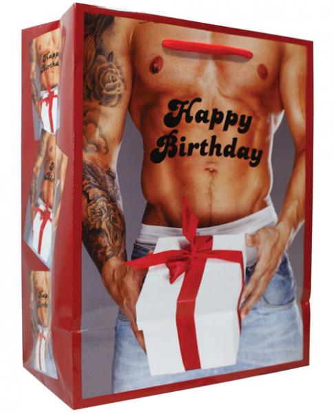 Happy Birthday Man Holding Gift Box Red Bow Gift Bag