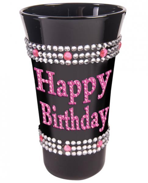 Happy Birthday Shot Glass with Pink Stones Black