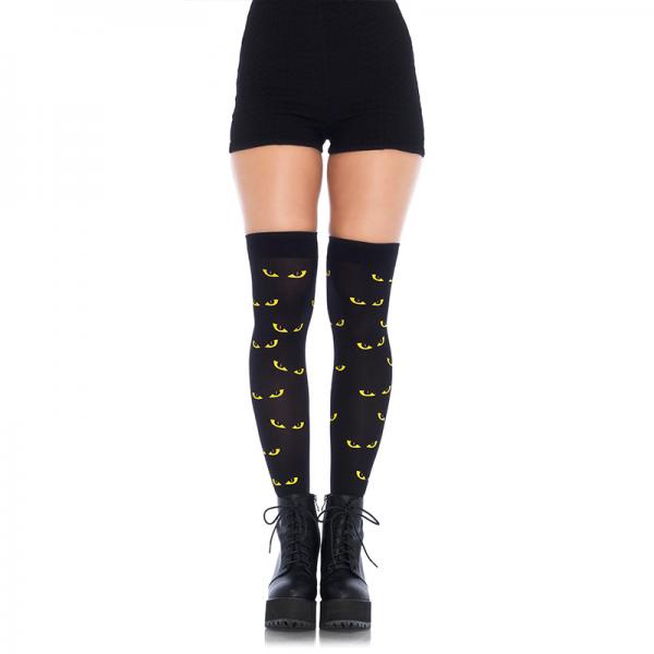 Spooky Eyes Printed Opaque Thigh Highs O/s Black/yellow