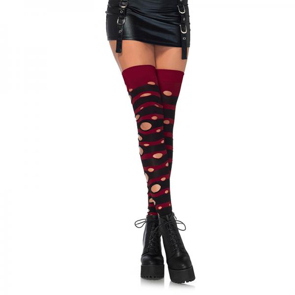 Distressed Opaque Striped Thigh Highs O/s Black/burgundy