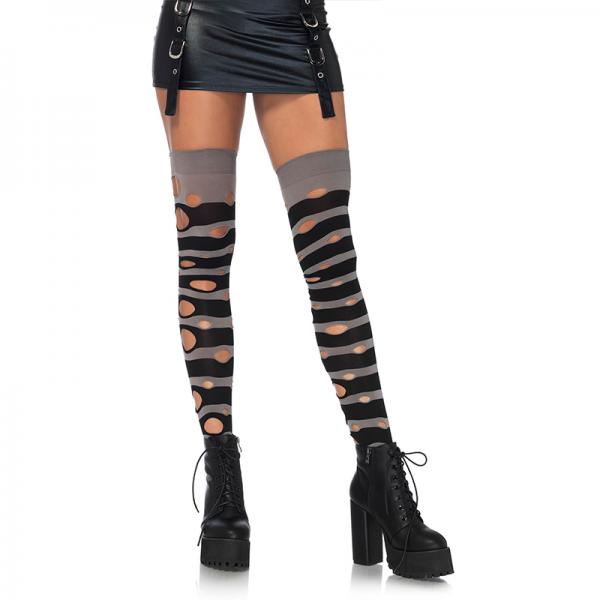 Distressed Opaque Striped Thighs O/s Black/grey