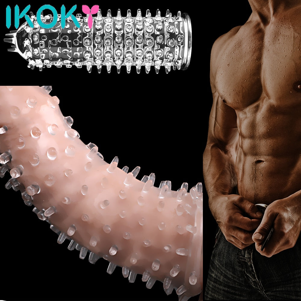 IKOKY Male Enlargement Reusable Condom Penis Rings Delayed Ejaculation Adult Sex Toys for Man Cock Cover Ring Penis Sleeve