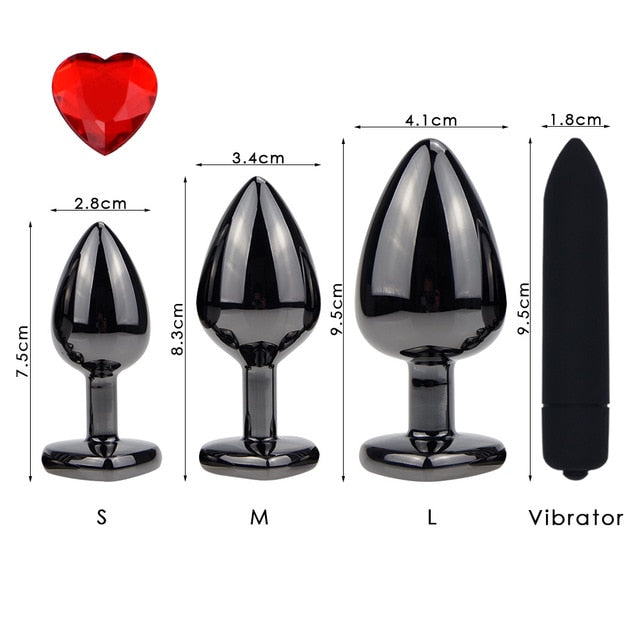 Plating Black Metal Anal Plug Romantic Red Heart Crystal Base Mooth Butt Plug Anal Bead Couple Anus Dilator Metal Ball Massager