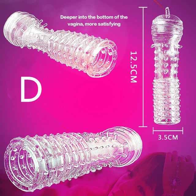 Extension Reusable Condom Penis Sleeve Male Enlargement Time Delay Spike Clit Massager Cover Crystal Clear Condoms Adult Sex Toy