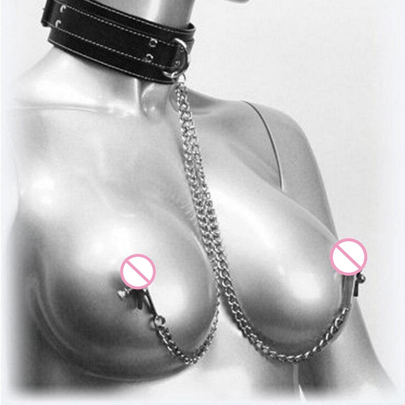 Faux Leather Choker Collar with Nipple Breast Clamp Clip Chain Couple SM Sex Toys for woman Funny and interesting Adult games