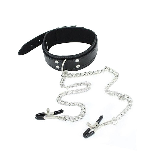 Faux Leather Choker Collar with Nipple Breast Clamp Clip Chain Couple SM Sex Toys for woman Funny and interesting Adult games