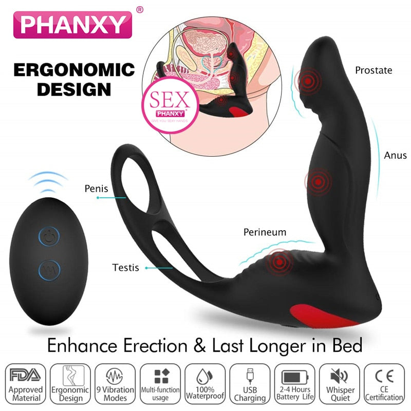 PHANXY Male Prostate Massage Vibrator Anal Plug Silicone Waterproof Massager Stimulator Butt Delay Ejaculation Ring Toy For Men
