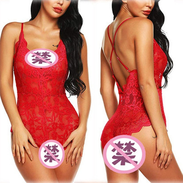 Fashion Women Sex  Lace Mesh Solid V-neck Bodysuits Erotic Monokini One Piece See-through Push Up Padded Sexy Lingerie